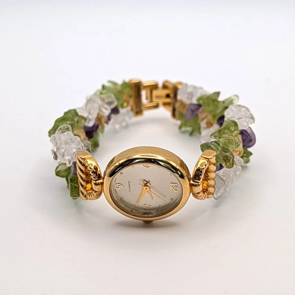 Quartz Crystal Mixed Gemstone Bracelet Watch Gold Tone Japanese Movement 7